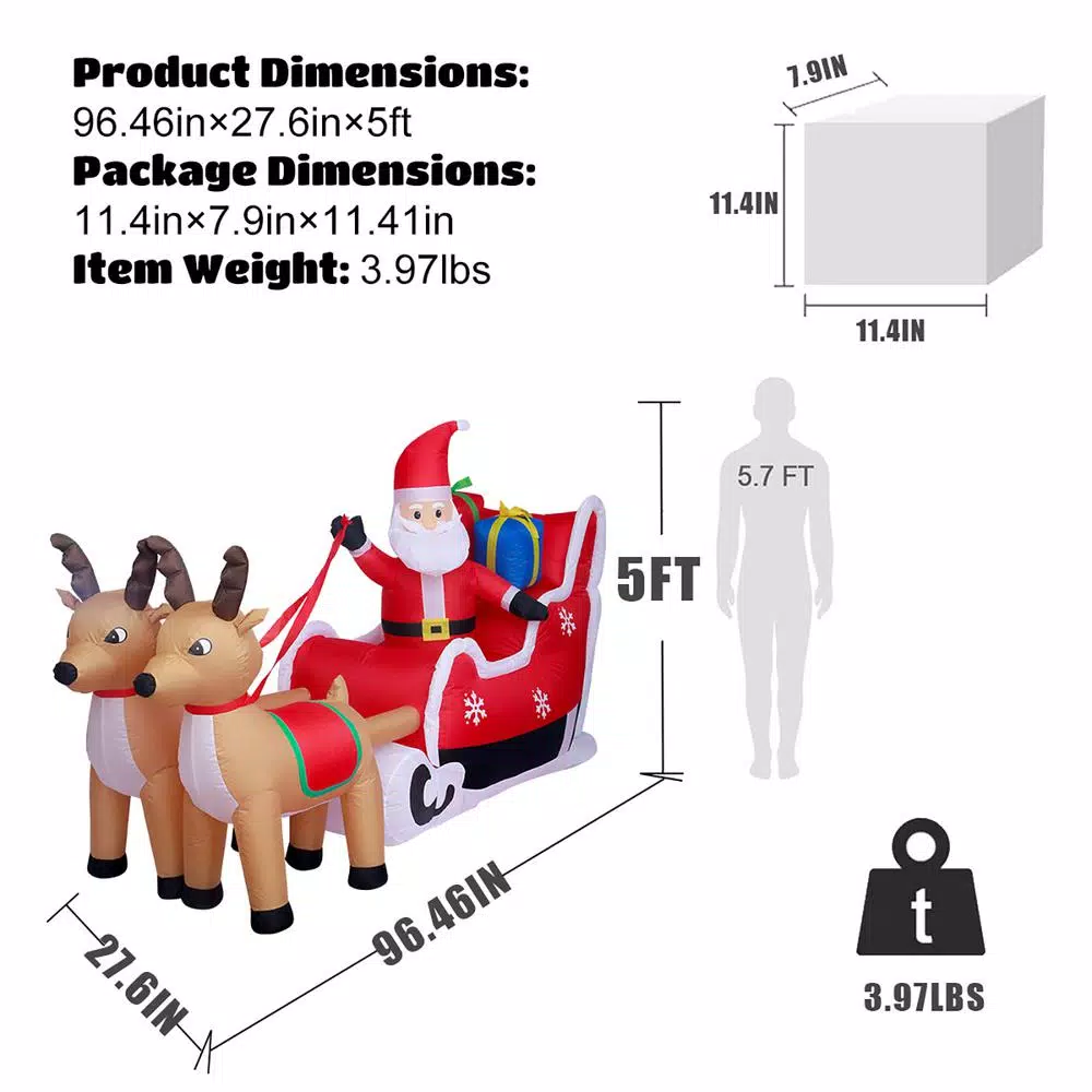 JOYDECOR 5 ft. Santa Claus on Sleigh with 2 Reindeer Christmas Inflatable Outdoor Decoration with LED Lights