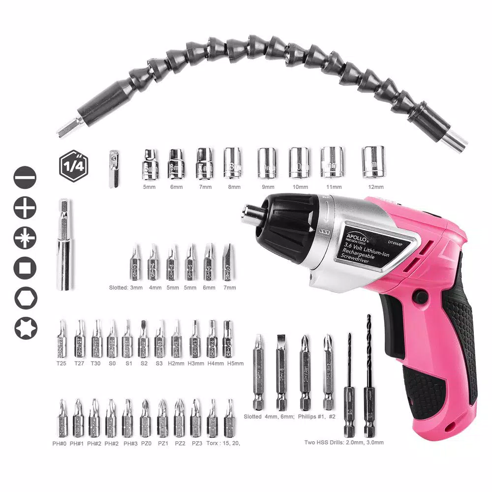 Apollo Tools 3.6V Lithium-Ion Cordless Electric Screwdriver with 45-Piece Accessory Set, Pink