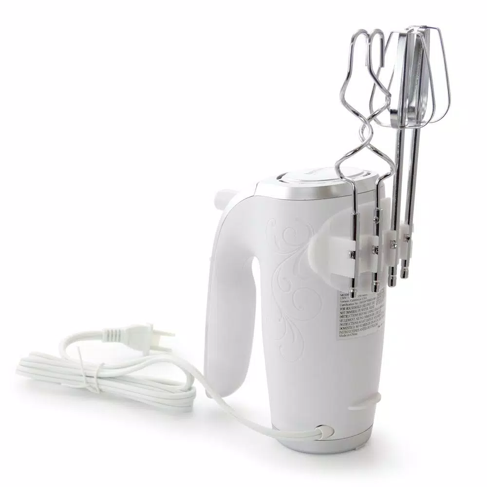 Better Chef 150-Watt 5-Speed Hand Mixer with Stainless Steel Beaters and Dough Hooks, White