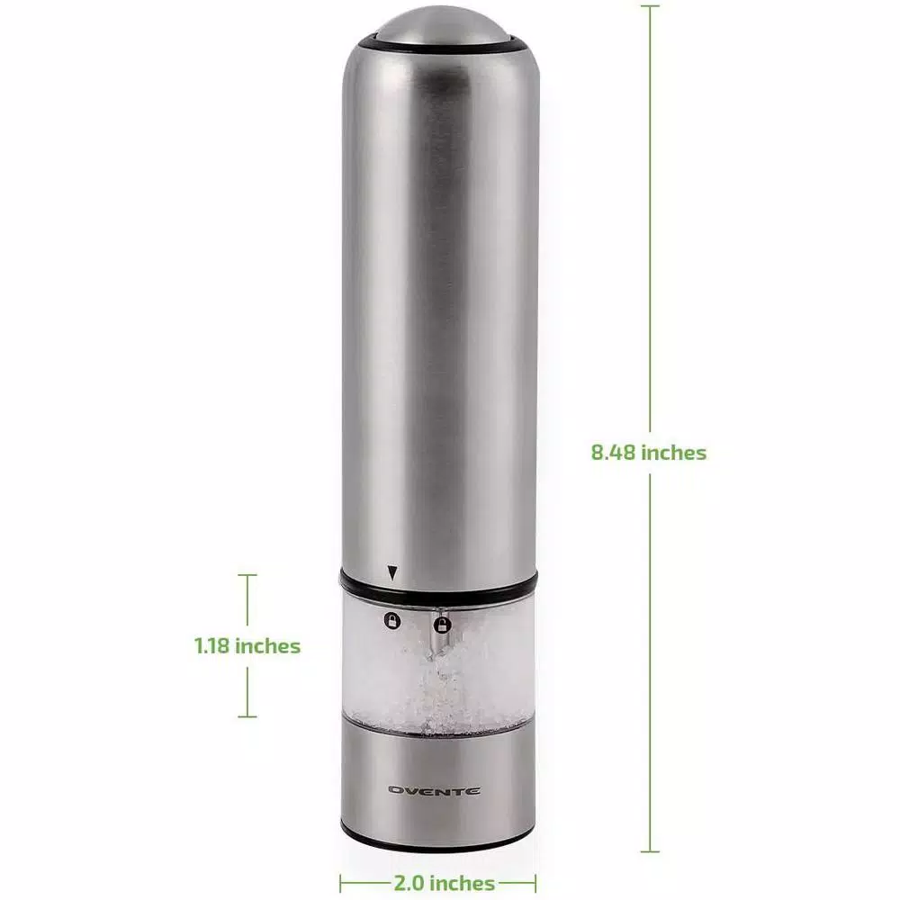 Ovente Electric Salt and Pepper Grinder Set, Stainless Steel with Ceramic Blades, Battery Operated