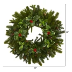 Nearly Natural 22 in. Pine and Variegated Holly Artificial Wreath with Pine Cones and Berries thumbnail 2