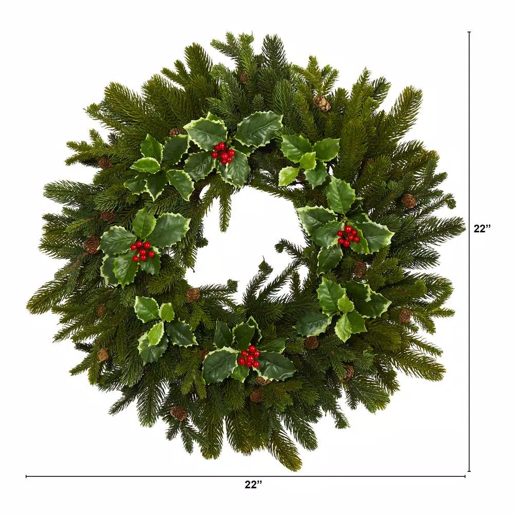 Nearly Natural 22 in. Pine and Variegated Holly Artificial Wreath with Pine Cones and Berries