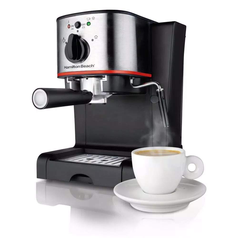 Hamilton Beach 2-Cup Espresso and Cappuccino Maker with Milk Frother, 15 Bar Pump, Black/Stainless Steel