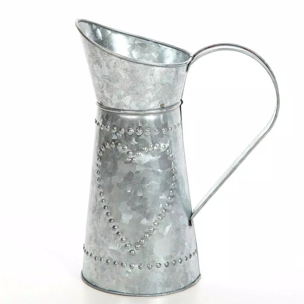 Benzara Gray Decorative Galvanized Metal Pitcher with Hammered Heart Design