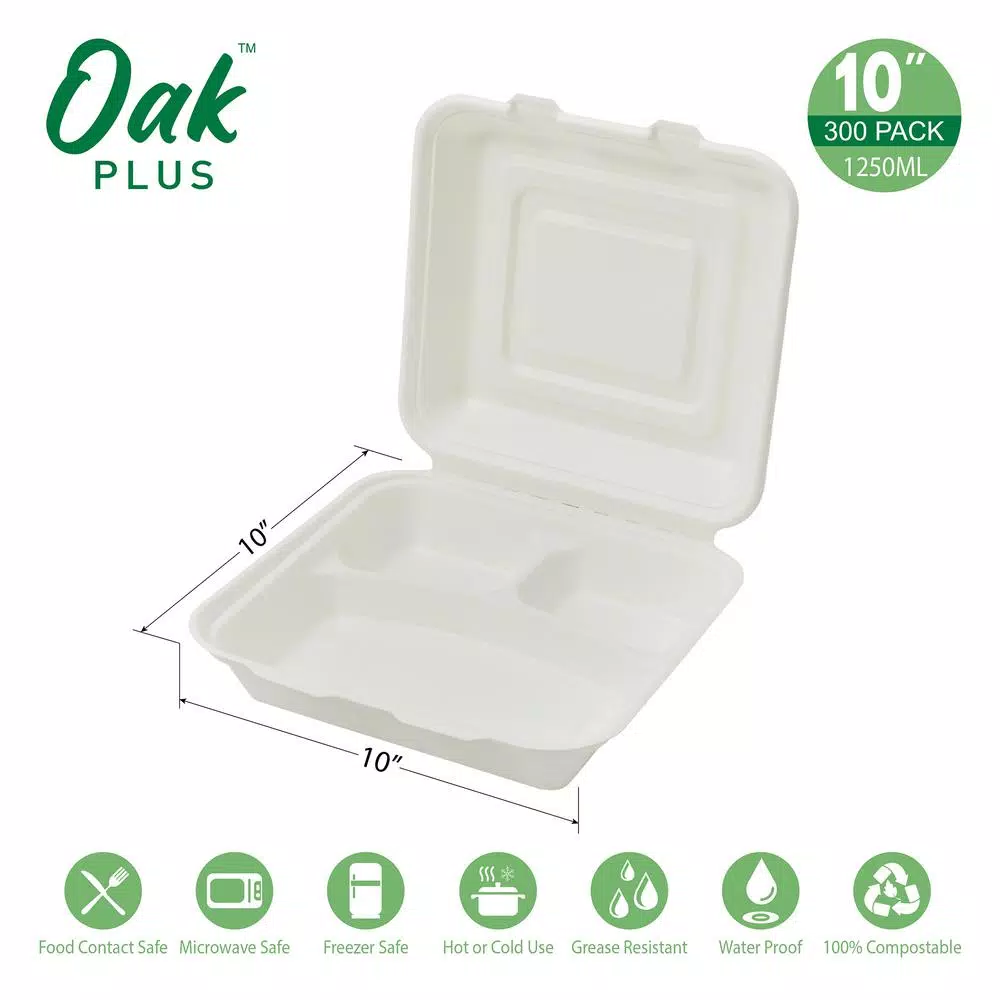 Unbranded 10 in. White Sugarcane 3-Compartment Clamshell Containers, Biodegradable Sectional Food Trays (300 Pack)