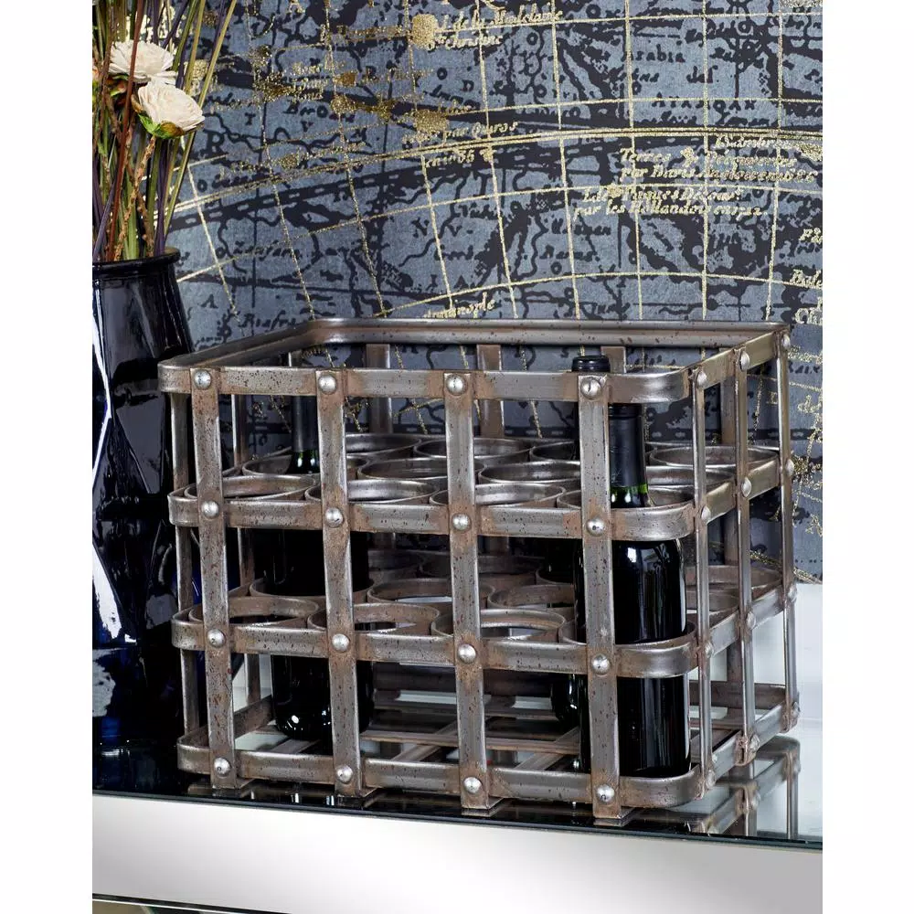 LITTON LANE 12-Bottle Black Iron Cage Wine Rack - Industrial & Rustic Tabletop Storage