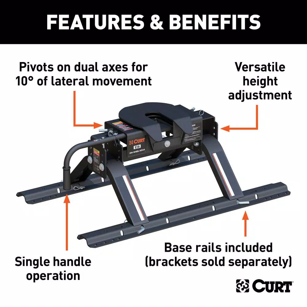 CURT E16 5th Wheel Hitch with Rails, 16,000 lbs. Capacity