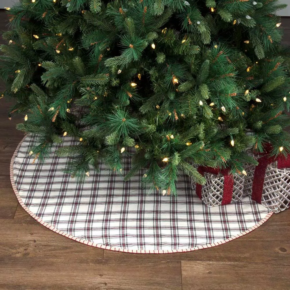 VHC Brands 48 in. Amory Ivory White and Brick Red Plaid Farmhouse Christmas Tree Skirt