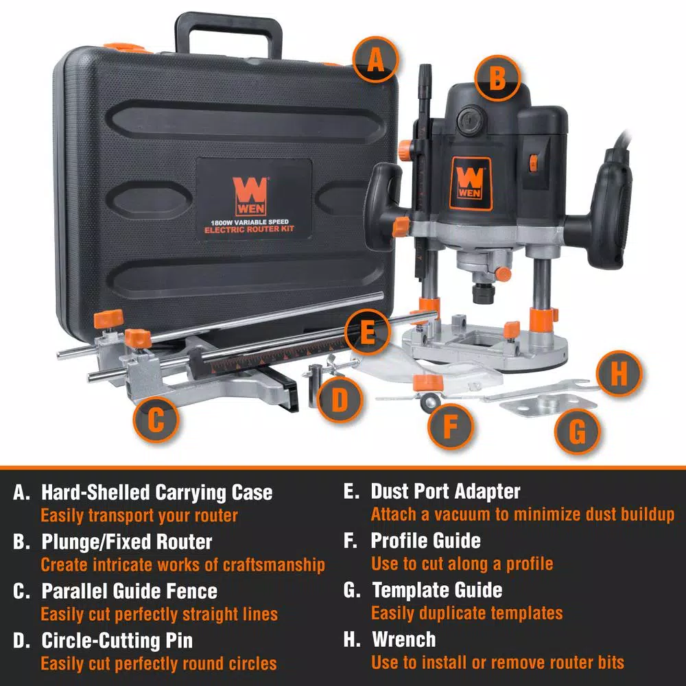 WEN 15 Amp Variable Speed Plunge Router Kit with 1/2 in. Collet and Carrying Case