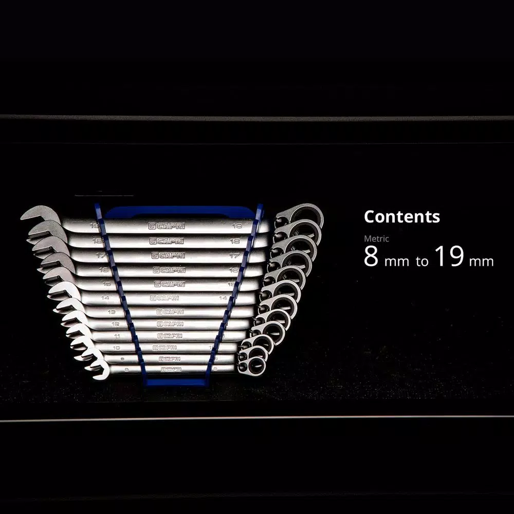 Capri Tools Metric 12-Piece Long Pattern Reversible Ratcheting Combination Wrench Set with Wrench Rack