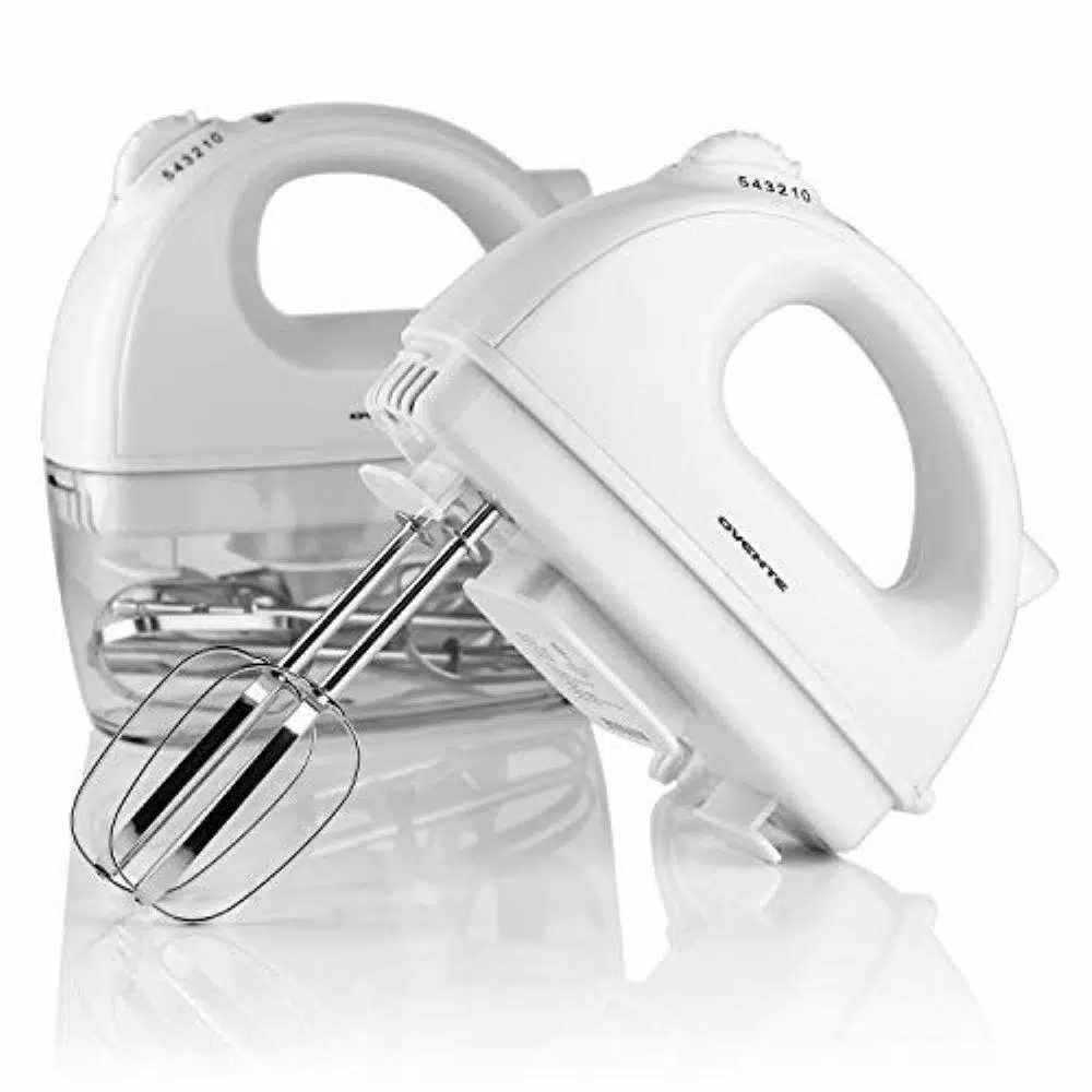 Ovente HM161 5-Speed 150W Electric Hand Mixer with Chrome Beaters and Snap-On Storage Case, White