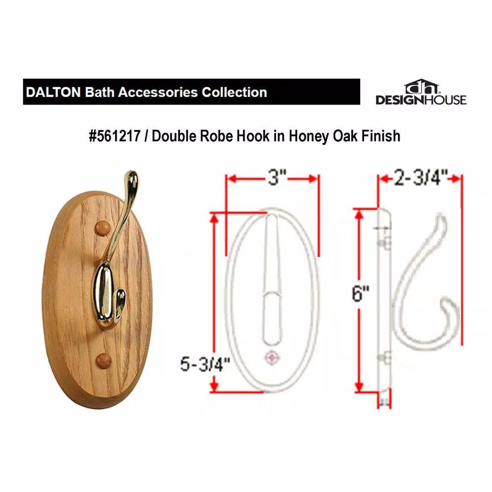 Design House Dalton Double Robe Hook in Honey Oak and Brass