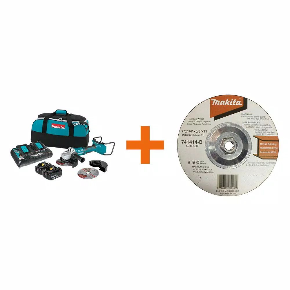 Makita 18V X2 LXT (36V) 7 in. Brushless Paddle Switch Angle Grinder Kit with 5.0 Ah Batteries & 10pk Grinding Wheels
