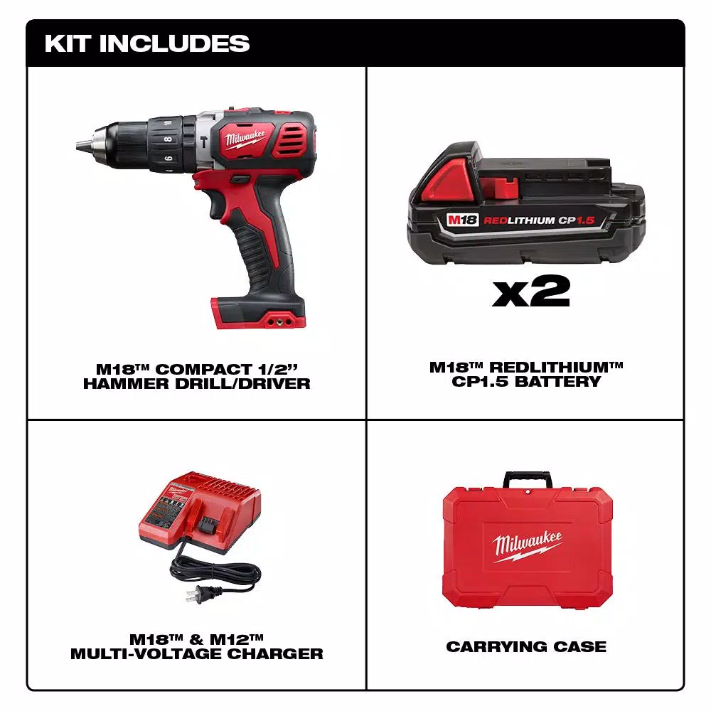 Milwaukee M18 Compact 1/2 in. Hammer Drill Driver Kit with (2) 1.5Ah Batteries, Charger, and Hard Case