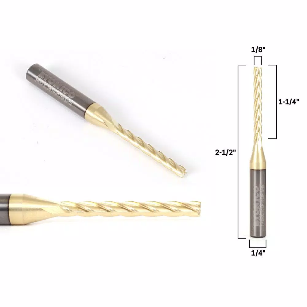 Yonico 4 Flute Upcut Spiral ZRN Coated 1/8 in. Dia Solid Carbide CNC Router Bit, 1/4 in. Shank