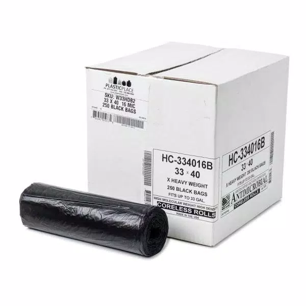 Plasticplace 32-33 Gallon Black High-Density Trash Bags, 16 Micron, Case of 250
