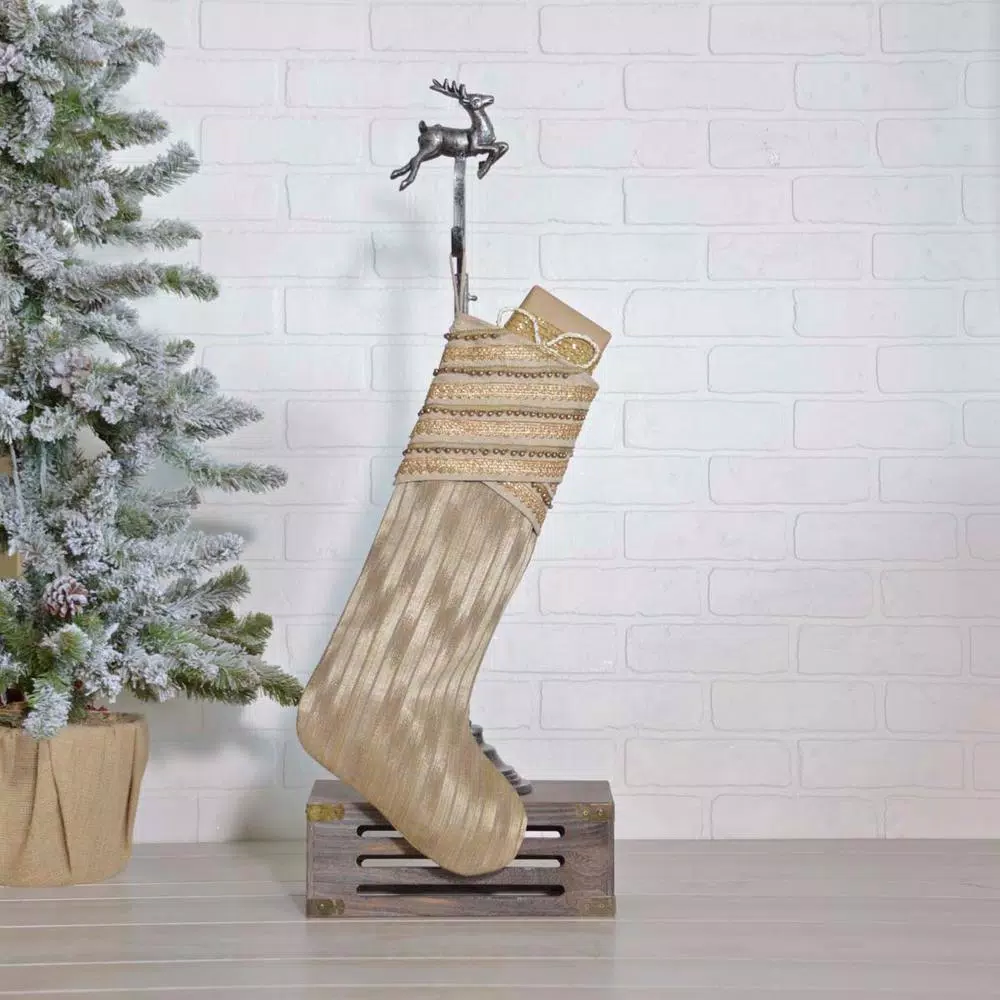 VHC Brands 20 in. Celebrate Bronze and Tan Glam Christmas Stocking with Gold Lurex and Lace