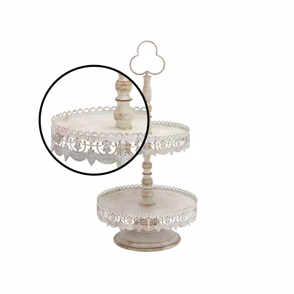 LITTON LANE 24 in. 2-Tiered Round Iron Tray Stand with Floral Bunting Overhang, Whitewashed & Rust Brown