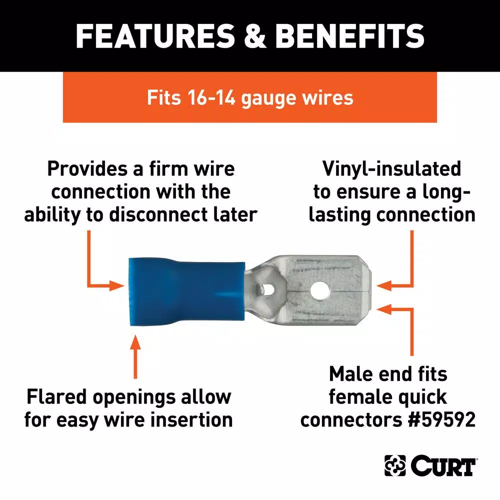 CURT Male Quick Connectors, 16-14 Gauge Wire, Blue, 100-Pack