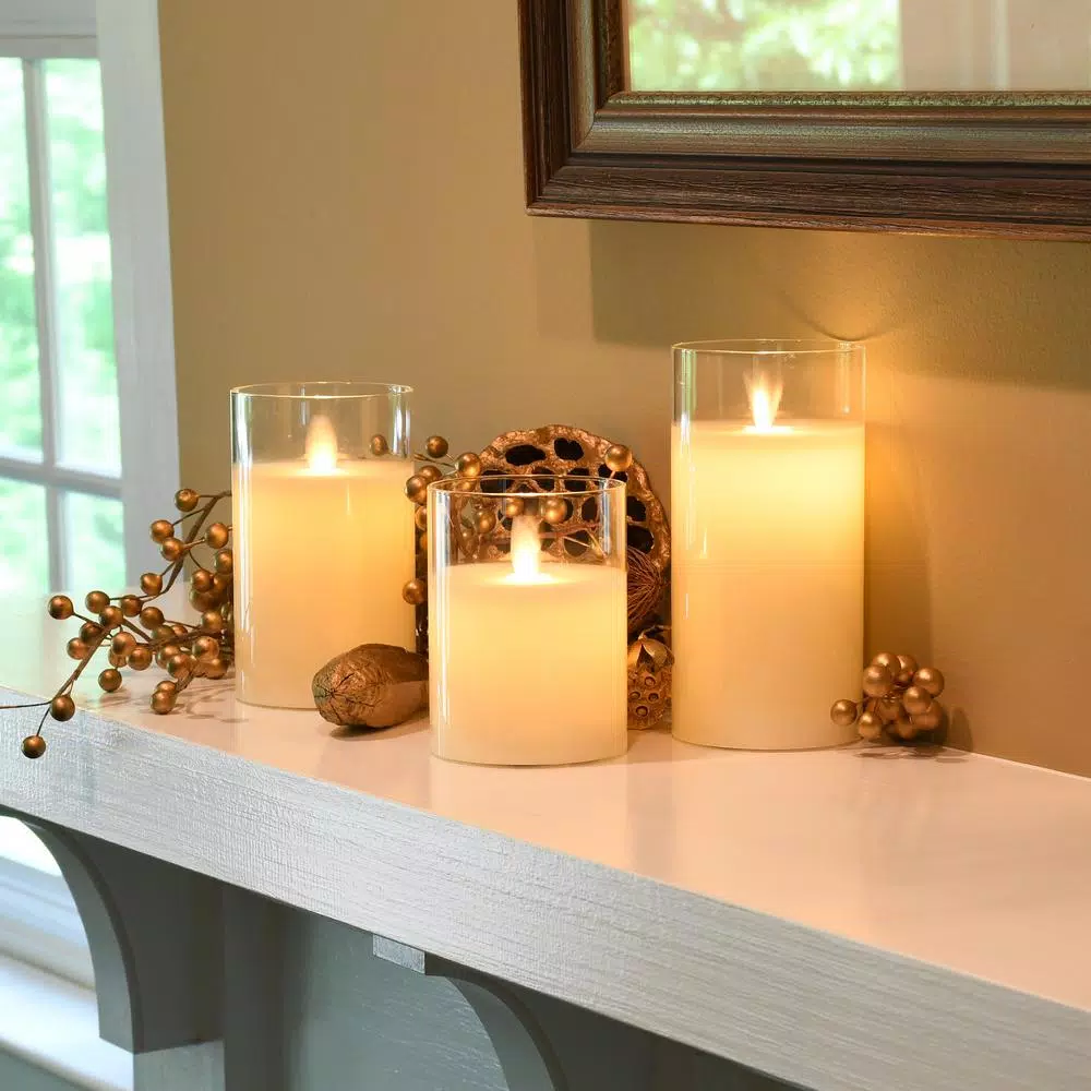 LUMABASE Set of 3 Battery Operated Glass Hurricane LED Candles with Moving Flame