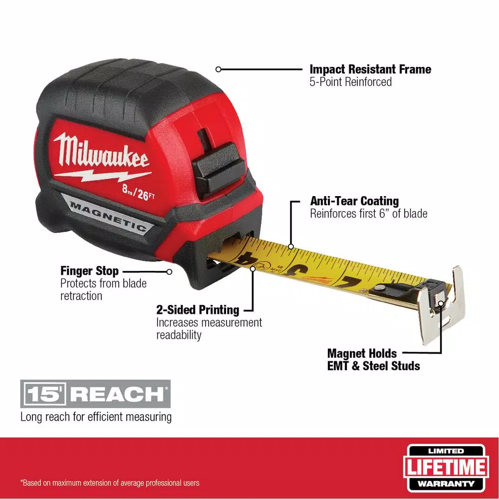 Milwaukee 26 ft. Compact Magnetic Tape Measure with 15 ft. Reach