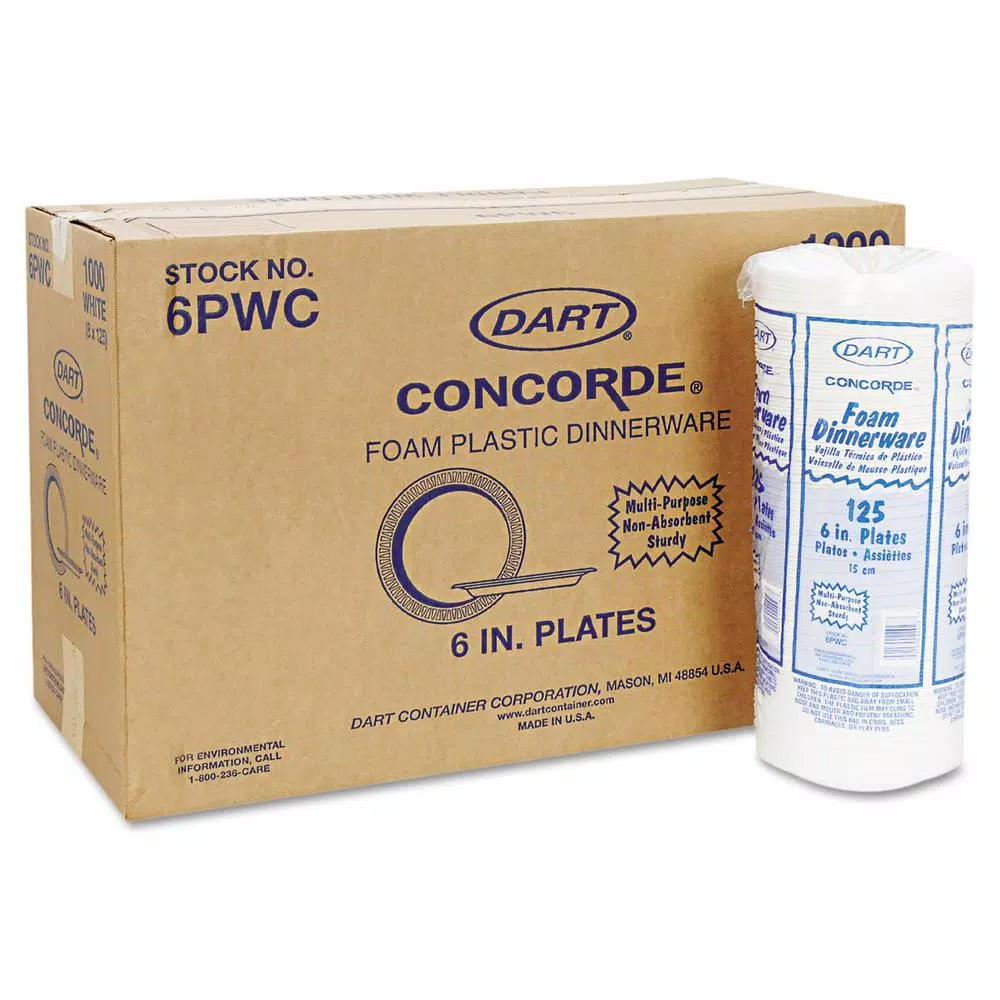 DART Concorde 6 in. White Foam Plastic Plates, Non-Laminated, 1000 Count Case