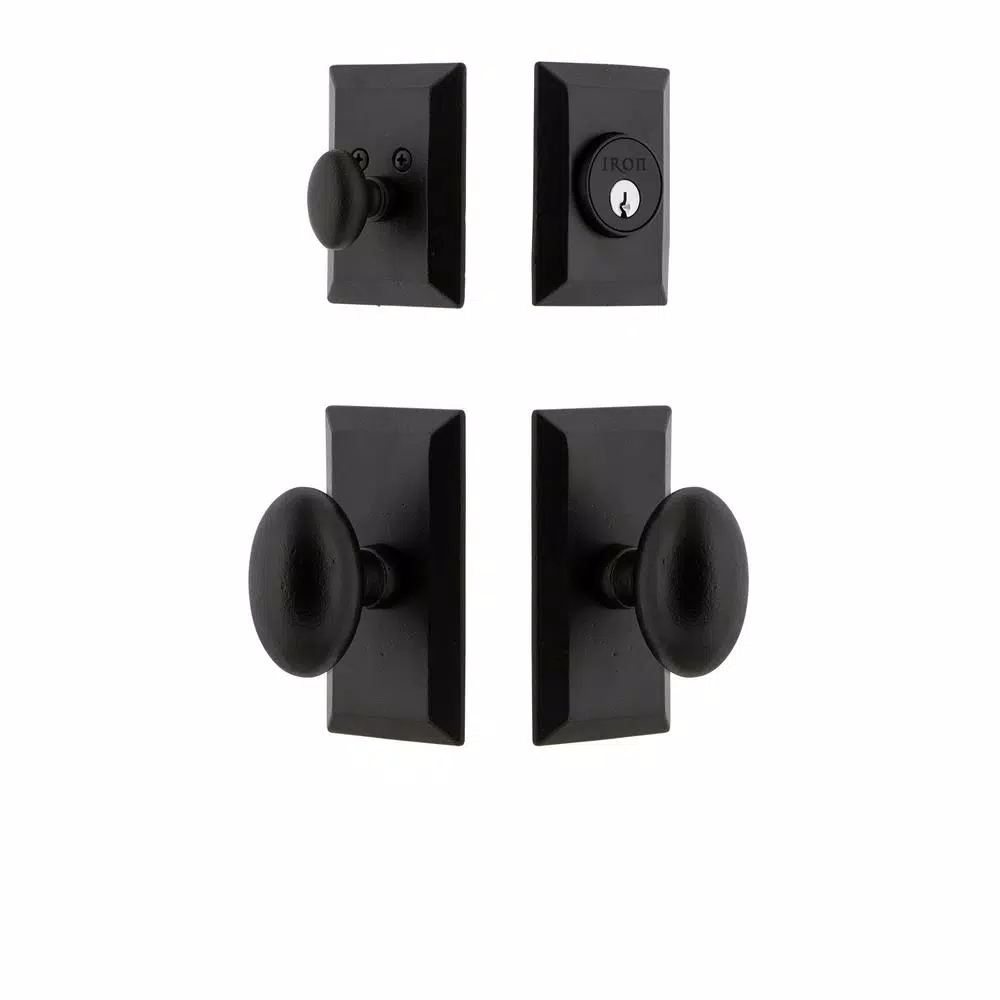Unbranded Vale Black Iron Door Handleset Combo Pack with Aeg Egg Knob and Single Cylinder Deadbolt