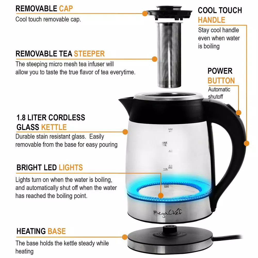 MegaChef 1.8L Cordless Glass and Stainless Steel Electric Tea Kettle with LED Base