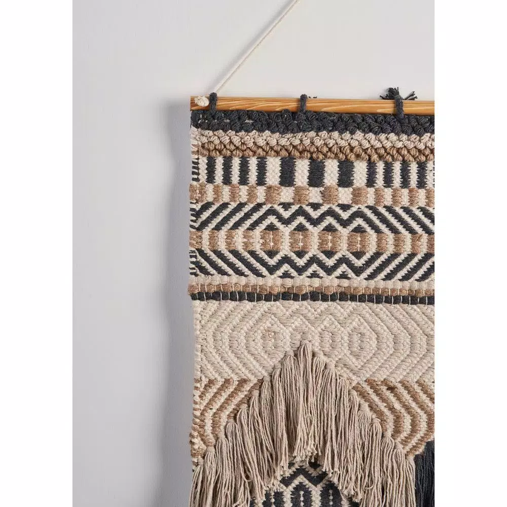 LR Home Trellis Beige and Charcoal Geometric Braided Fringed Wall Tapestry