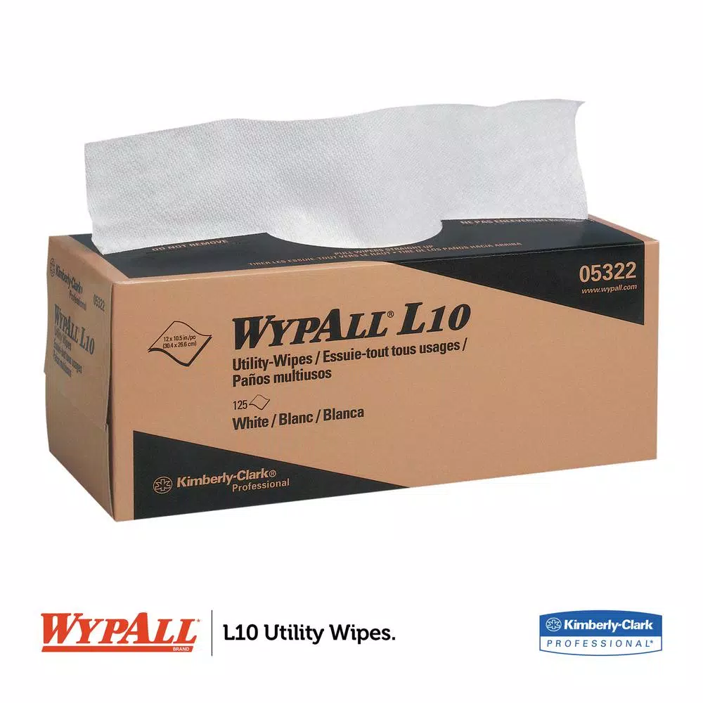 WYPAll L10 Utility Wipes, 1-Ply White Pop-Up Disposable Wipers, 125 Count, 18 Boxes Per Carton