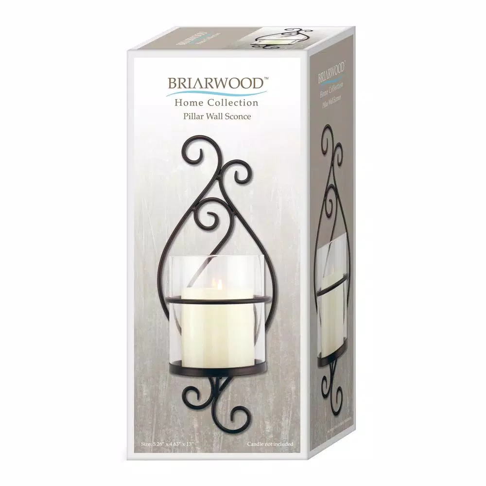 Stonebriar Collection Stonebriar Black Metal Scrolled Pillar Candle Sconce with Glass Cylinder