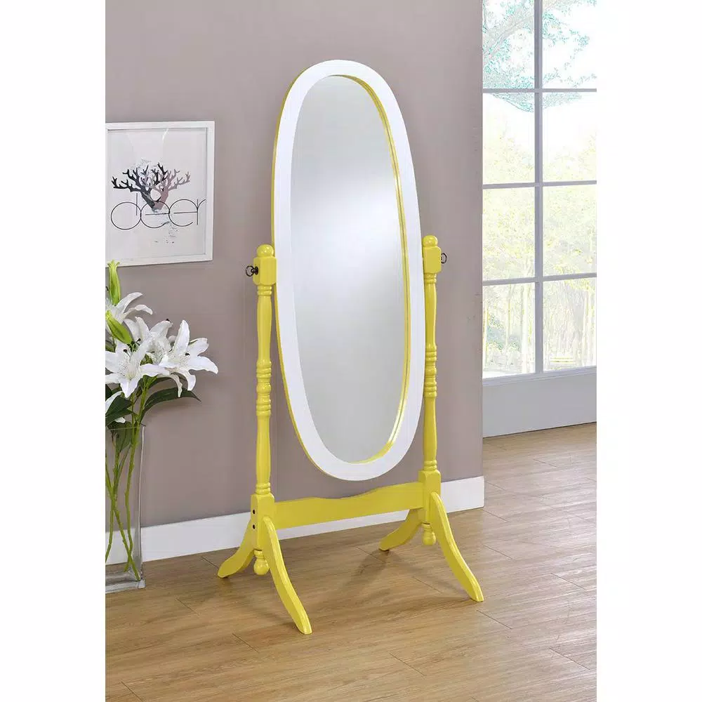 ORE International Modern Canary Yellow and White Oval Wood Tilting Cheval Standing Mirror, 59.25 in.