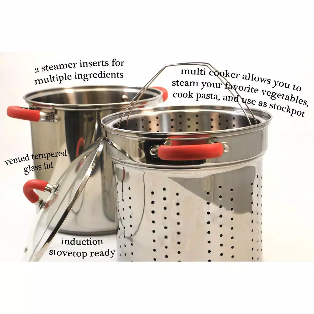 ExcelSteel 12 Qt. Stainless Steel Multi-Cooker Pasta Pot Set with Steamer Insert and Red Silicone Handles