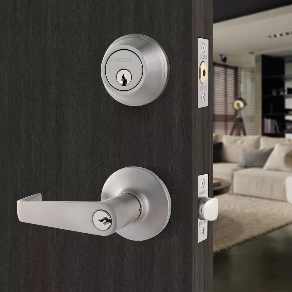 Toledo Fine Locks Segovia Single Cylinder Deadbolt and Keyed Lever Combo Set, Satin Nickel