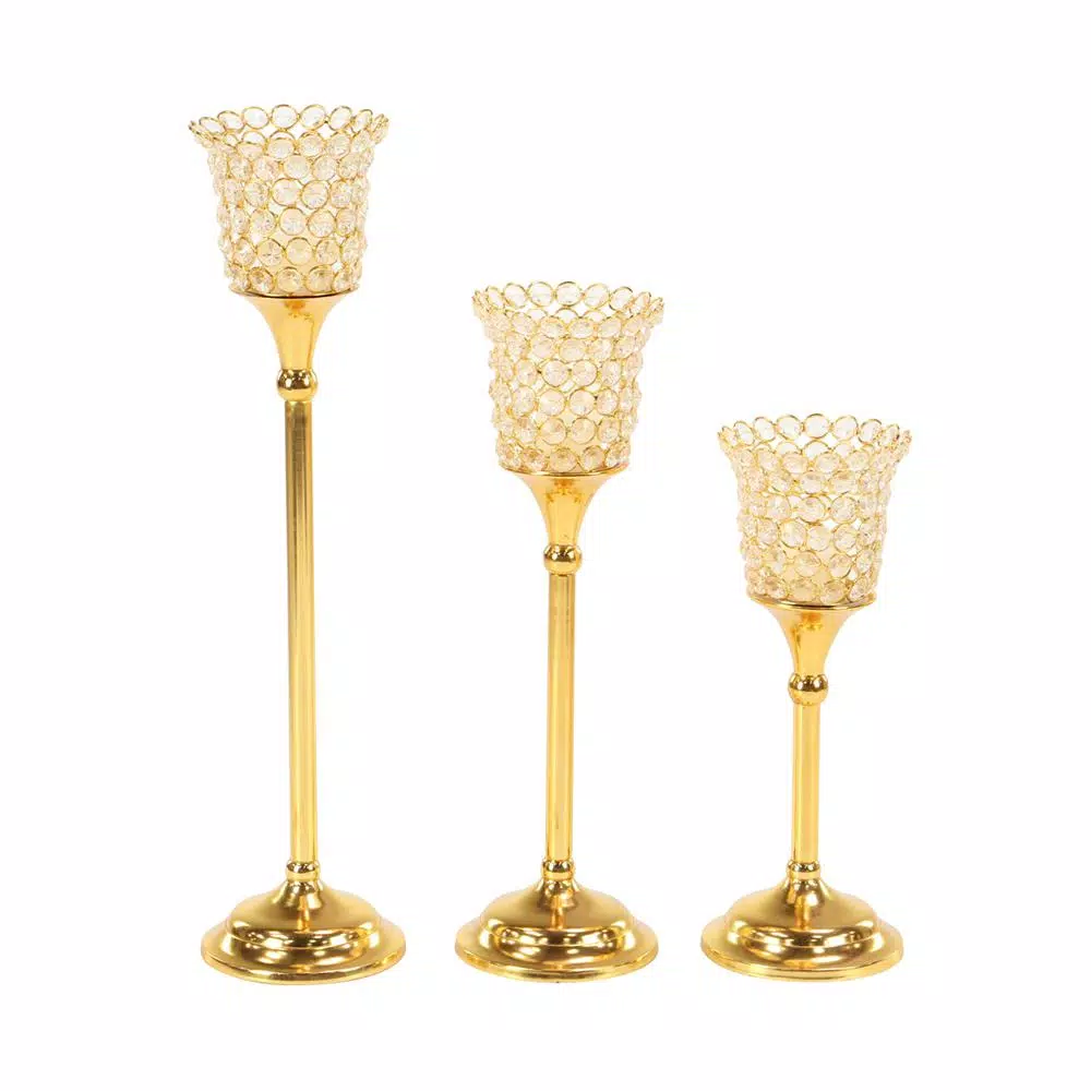 LITTON LANE Gold Aluminum Candle Holders with Bead Accents, Set of 3