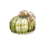 Glitzhome Set of 2 Green and Amber Crackle Glass Short Pumpkins, 4.72 in. Handmade Fall Decor thumbnail 2