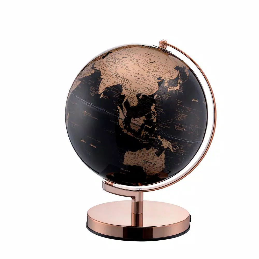 Unbranded 12.5 in. Black and Gold Topographical LED Globe with Rose Gold Metal Frame