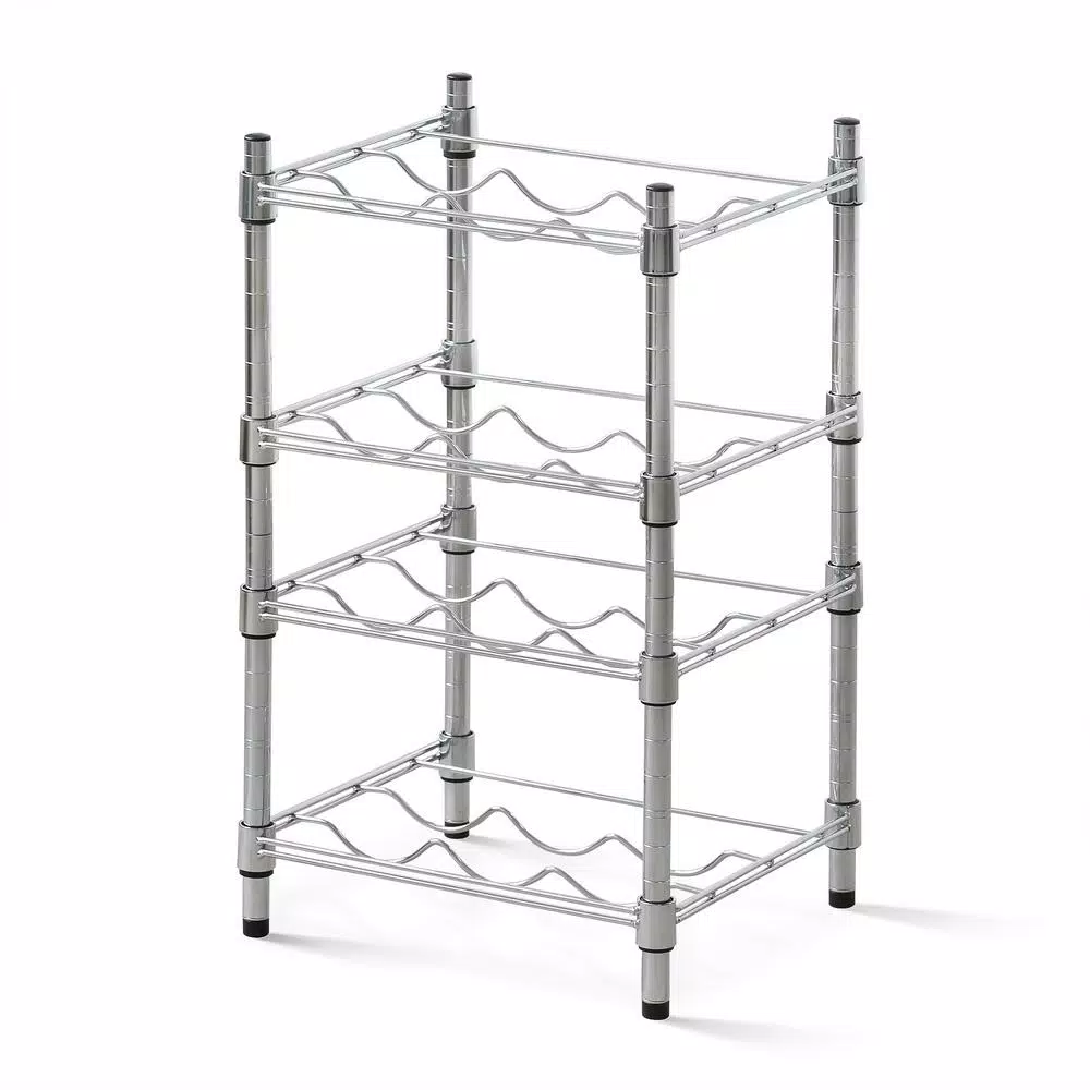 Furinno Wayar 4-Tier Silver Chrome Wine Rack, 12-Bottle Capacity Heavy Duty Steel Shelving