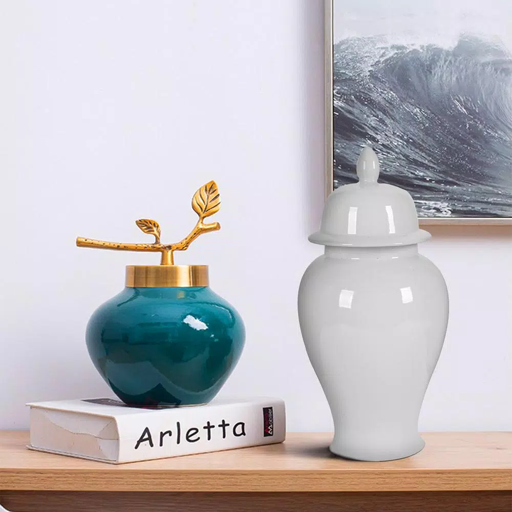 Benjara Large Decorative White Porcelain Ginger Jar with Lid