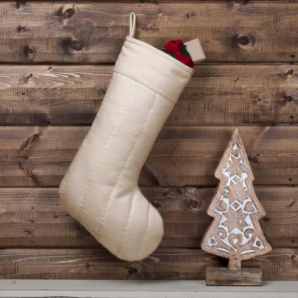 VHC Brands 20 in. Ivory Felt Christmas Stocking with Hand-Quilted Detail