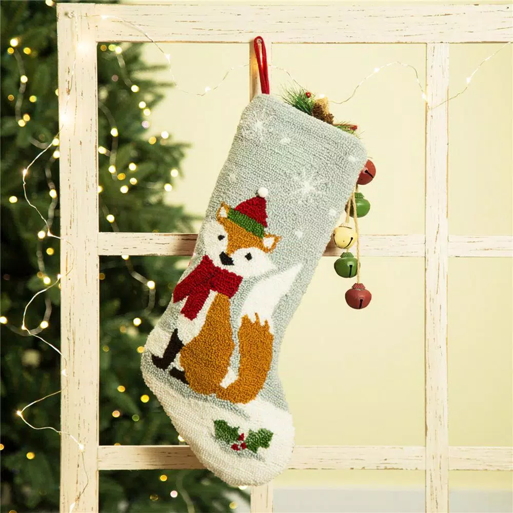 Glitzhome 19 in. Fox Hooked Christmas Stocking with Red Scarf and Santa Hat