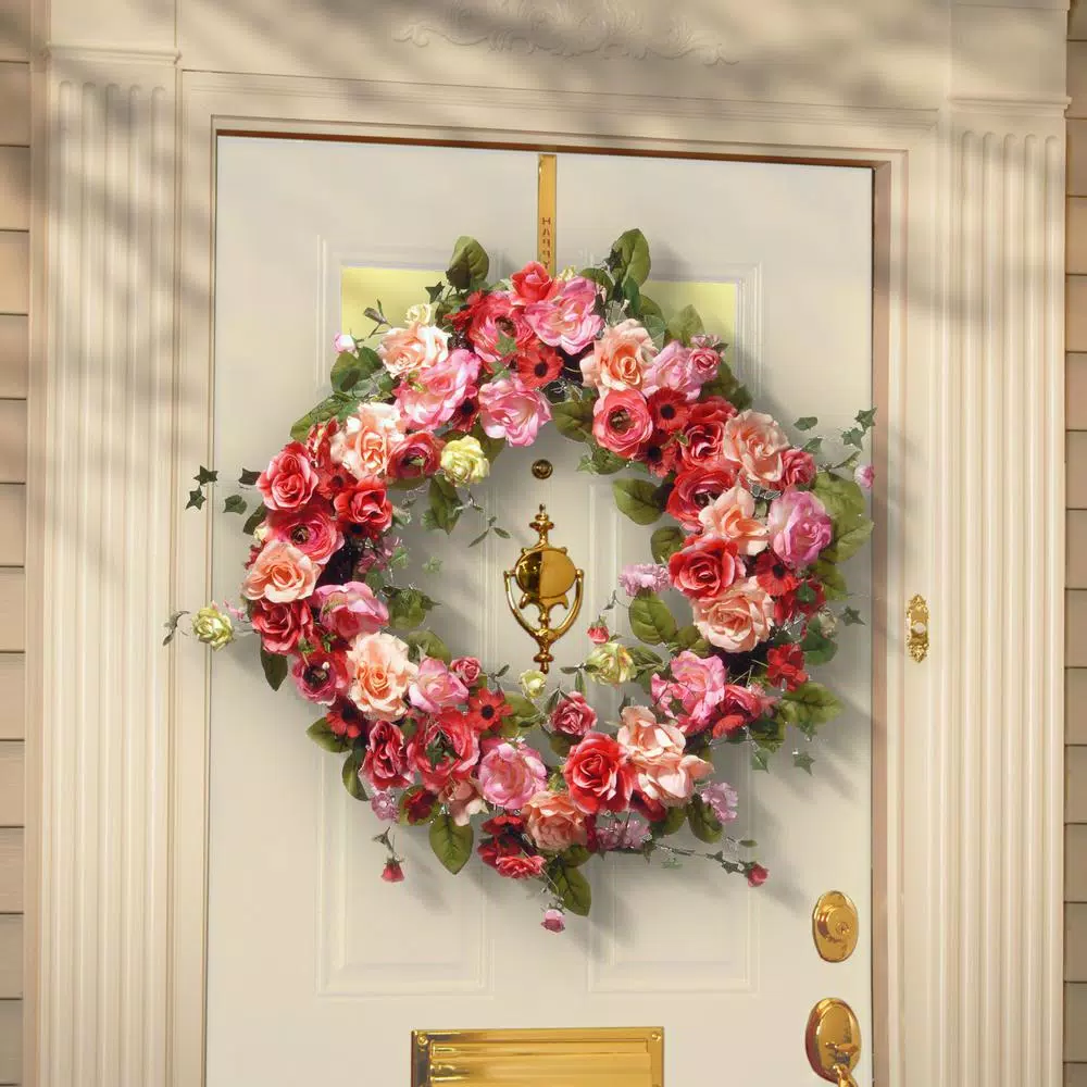 National Tree Company 32 in. Mixed Rose and Dahlia Spring Wreath - Red, Pink, and Cream Floral Decor