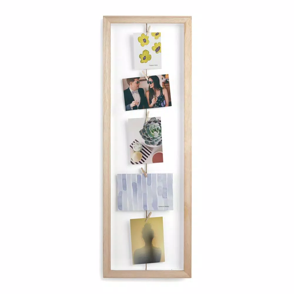 Umbra Clothesline Natural Wood Photo Clip Frame - Hanging Wall Decor for Mementos