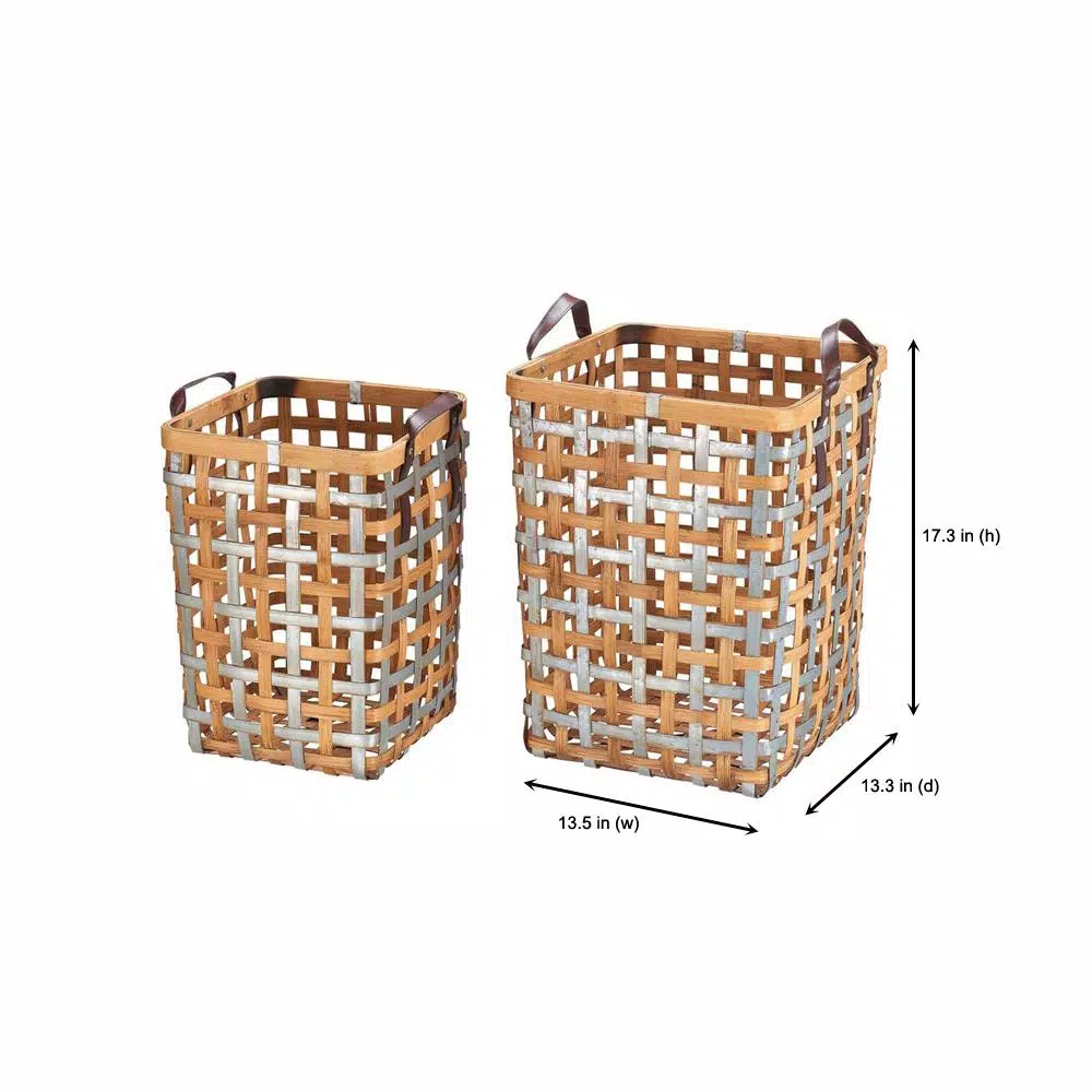 Home Decorators Collection Square Galvanized Metal and Bamboo Woven Decorative Baskets, Set of 2