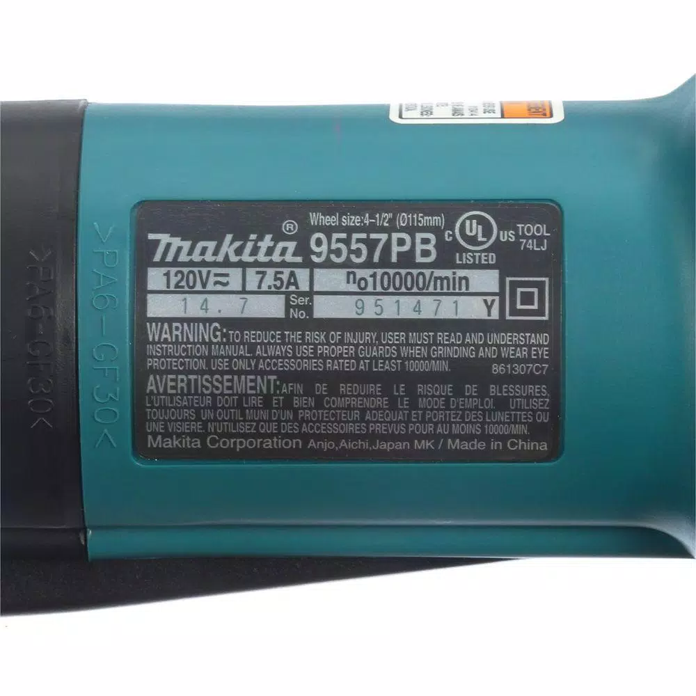 Makita 4-1/2 in. Angle Grinder, 7.5 Amp, 11,000 RPM with Paddle Switch