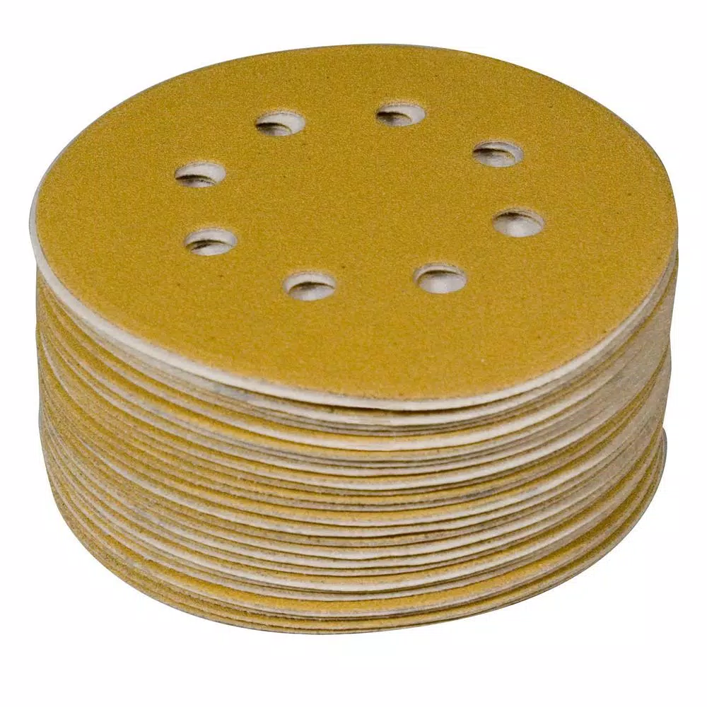 POWERTEC 5 in. Gold Aluminum Oxide Hook and Loop 8-Hole Sanding Disc Assortment, 100-Pack