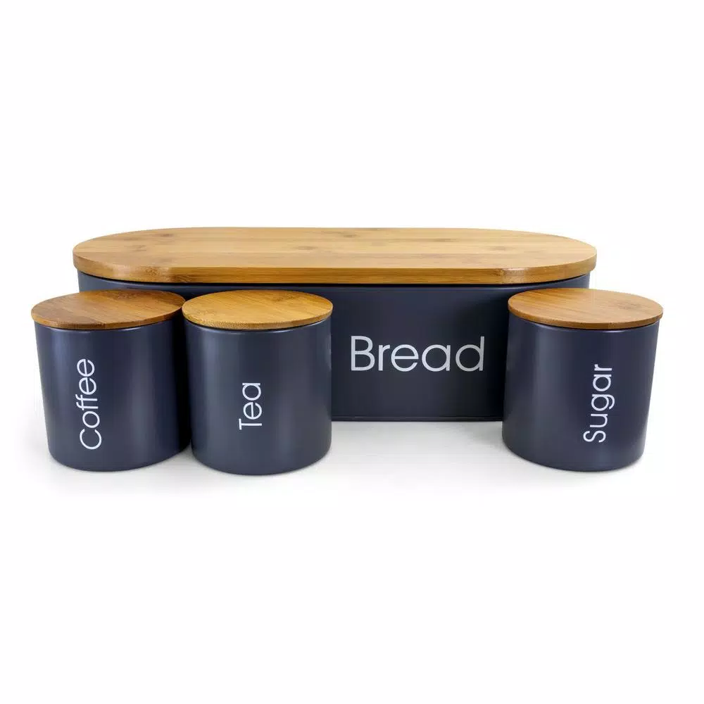 MegaChef 4-Piece Metal Bread Basket and Canister Set with Bamboo Lids, Gray