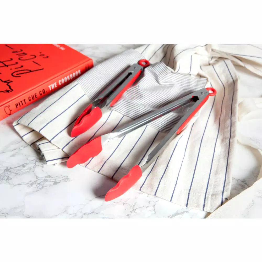 Core Kitchen Stainless Steel and Silicone Locking Tongs Set, Red (Set of 2)