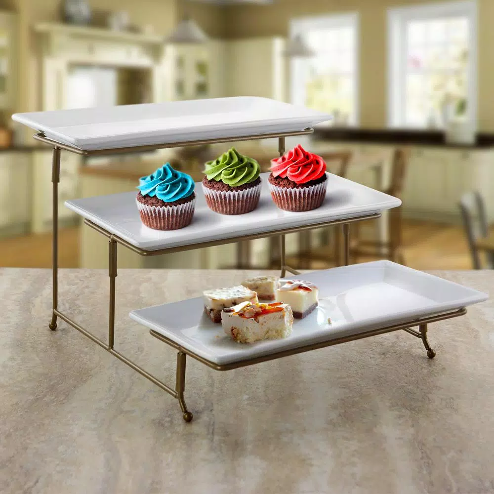 GIBSON elite Gracious Dining 3-Tier Rectangular Porcelain Serving Plate Set with Gold Metal Stand
