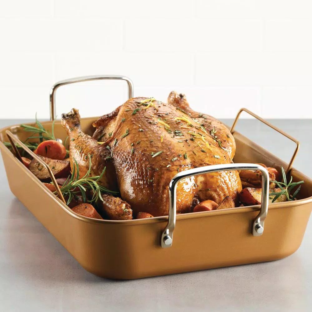 Ayesha Curry Ayesha Bakeware Nonstick Roasting Pan with Convertible Rack, 11 x 15-Inch, Copper
